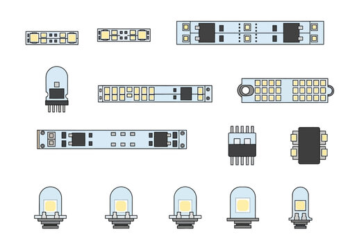 Various electronic LED light components and modules are displayed.