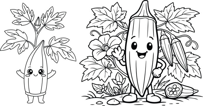 Happy cartoon luffa gourd character with flowers and leaves black and white coloring page