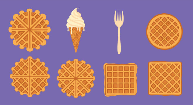 Assorted waffle shapes, an ice cream cone, and a wooden fork displayed against a solid purple background icons.