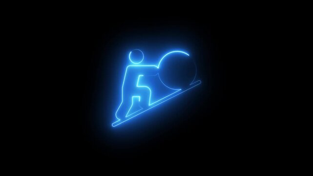 Neon blue silhouette of person pushing large glowing sphere uphill depicting symbolic struggle challenge and perseverance in