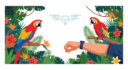 Obraz premium Two colorful macaws perched on branches in a tropical jungle with a person's arm and a flying drone in middle.