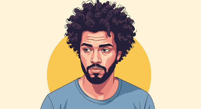 Close-up portrait of a man with dark curly hair and a beard looking thoughtfully to the side, vector illustration.