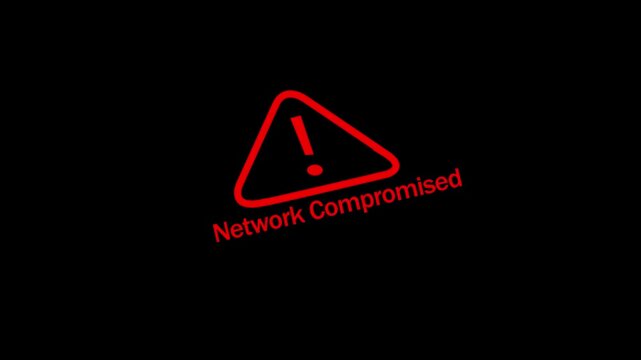 Urgent network compromised warning alert sign flashing on dark background, representing critical cybersecurity, breach data theft, risk and system, security failure for, corporate it infrastructure