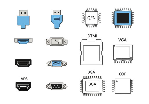 Various computer connectors and microchips are shown on a white background.