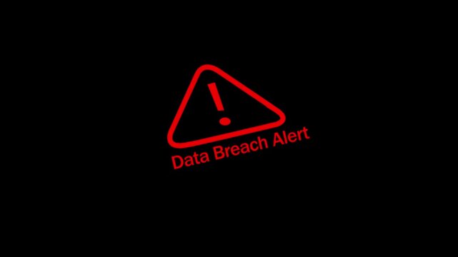 Urgent data breach alert warning sign with flashing red triangle and bold text notification for cybersecurity protection, digital privacy security, network hacking threat, and online identity theft