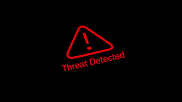 Digital cybersecurity alert warning sign featuring a flashing red triangle with the text threat detected displayed on a dark background, for network protection, and system security concepts