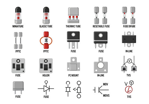 Various fuses and circuit protectors are shown in the image on a white surface.