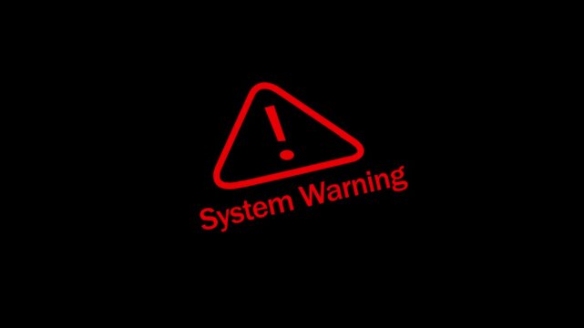 Animated system warning alert sign with glowing red exclamation mark symbol on a dark background, for cybersecurity, digital, software error notifications, technical glitch concepts, and it security