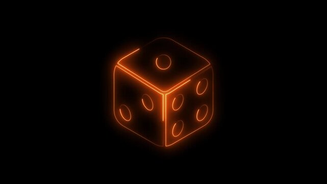 Neon glowing six-faced dice animation rolling on dark background with luminous dots for casino gambling games luck and chance concept
