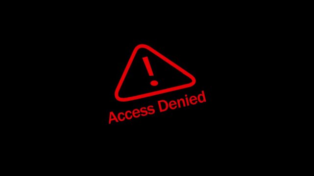 Digital security alert featuring a glowing red warning triangle with the text access denied flashing on a dark background, representing cyber security threats, system errors, and unauthorized login