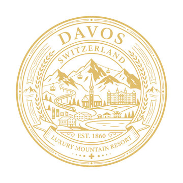 Vintage gold Davos Switzerland luxury mountain resort emblem vector illustration