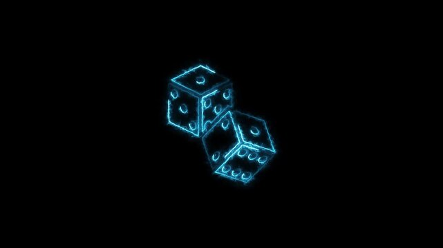 Two glowing blue dice rolling in the dark with neon light effect showcasing dynamic gaming and casino theme