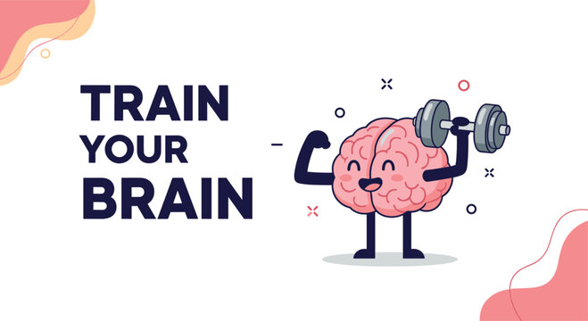 Creative illustration of a cartoon brain lifting a heavy dumbbell to represent mental exercise and brain training.