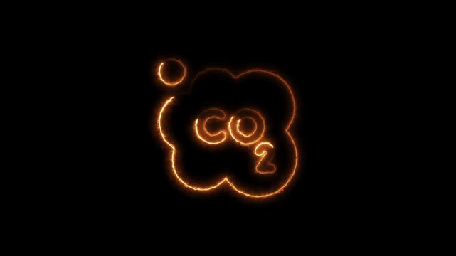 Glowing c o2 molecule animation with carbon and oxygen atoms in orange neon light on black background for scientific and environmental