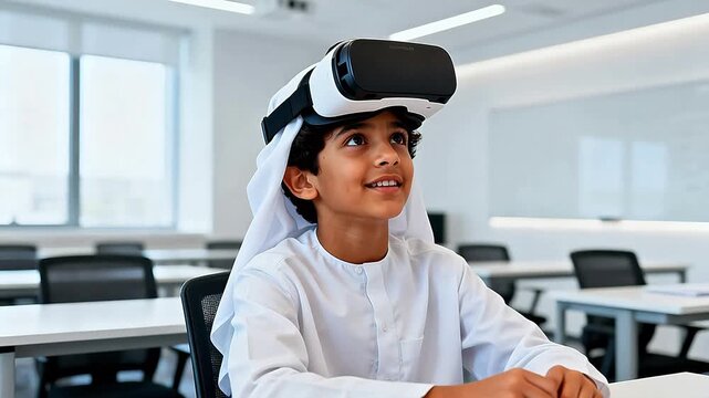 Boy in traditional attire using VR headset for academic presentations, student campaigns, and tutorial videos
