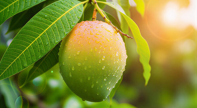 Fresh Ripe Mango Fruit Hanging on Tree Branch with Golden Sunlight