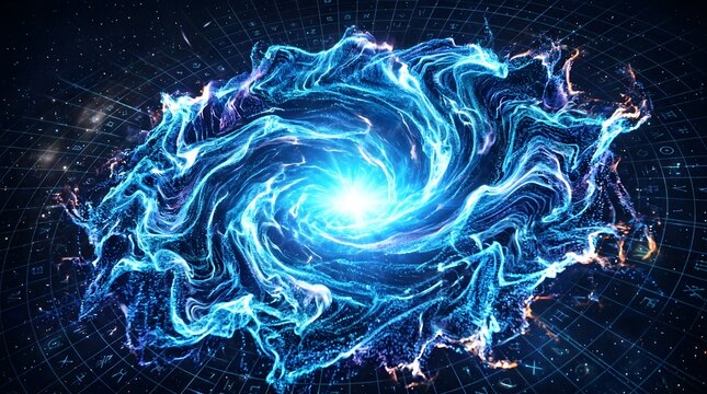 Abstract glowing blue energy vortex on futuristic digital grid background