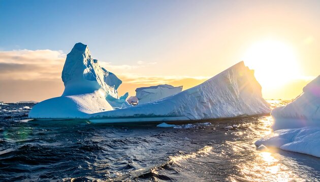 Icebergs glisten under a bright sun, floating in ocean waters with cloudy skies