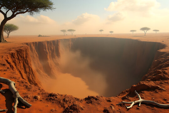 Dramatic desert land subsidence sinkhole with dust clouds and severe ground collapse in arid region