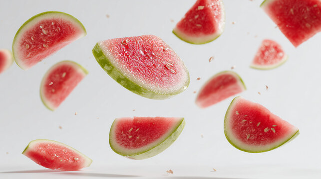 Floating watermelon slices scattered in mid air on a clean white background, creating a fresh vibrant summer fruit concept with dynamic motion