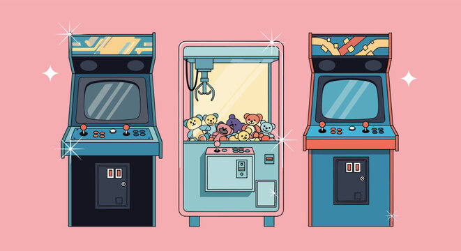 Row of classic retro arcade gaming machines and a claw machine filled with teddy bears on a bright pink background for fun.