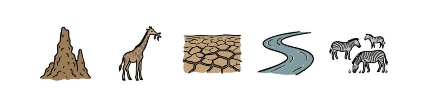 Hand Drawn African Savanna Icon Set with Termite Mound, Giraffe, Dry Land, River and Zebras