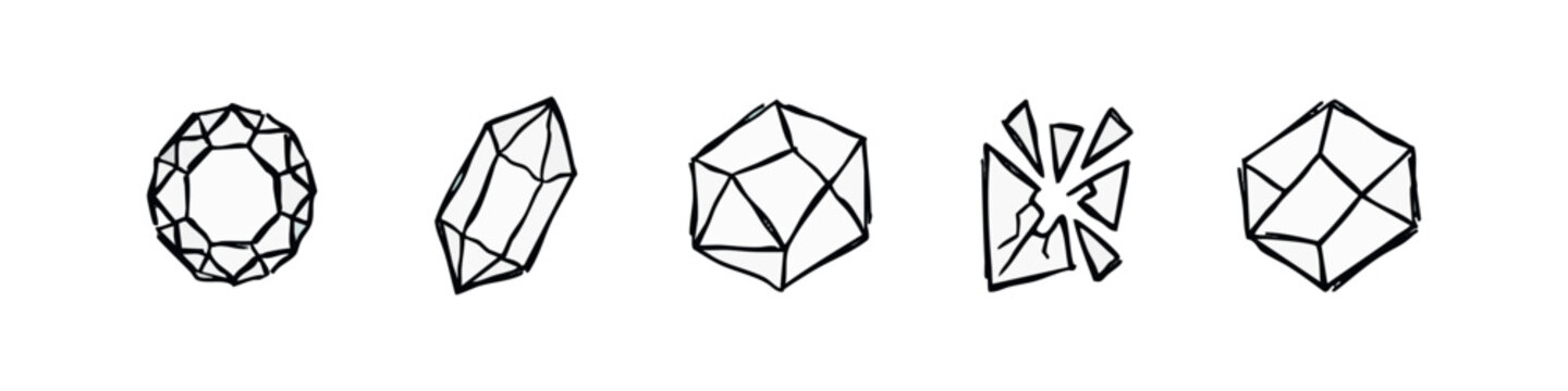 Hand Drawn Sketch Icons of Various Gemstones and Crystals in Black and White