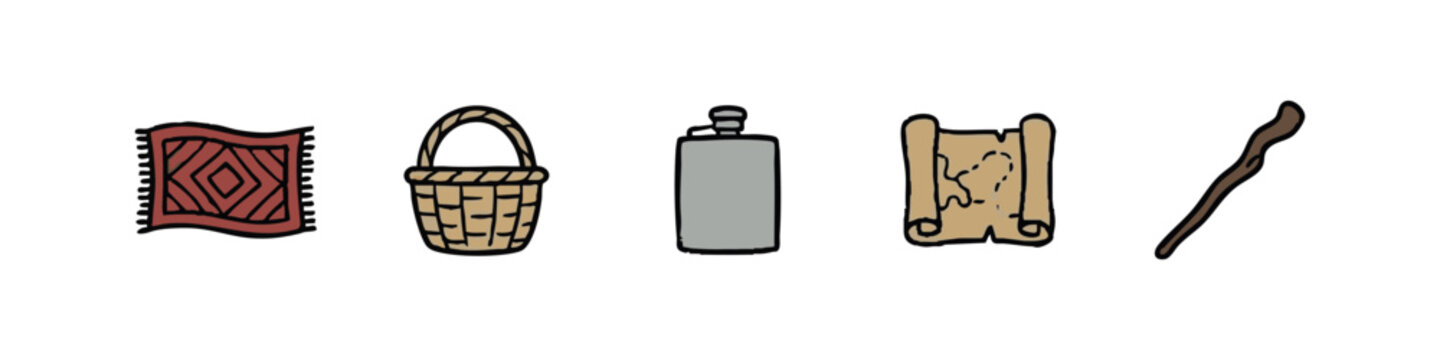 Outdoor Exploration and Picnic Items Set with Rug Basket Hip Flask Treasure Map and Walking Stick