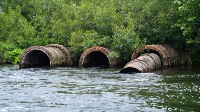 Old metal industrial pipes discharging water into a river in a wooded area