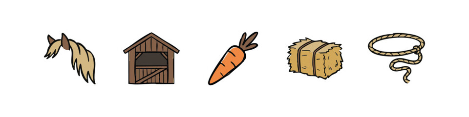 Horse Ranch and Stable Icons with Horse Mane, Barn, Carrot, Hay Bale, and Lasso © liubomir118809