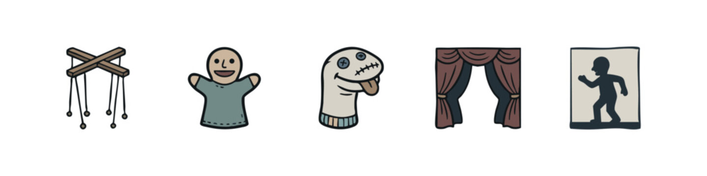 Puppet Show and Theater Performance Icons Featuring Marionette Hand Puppet and Curtains
