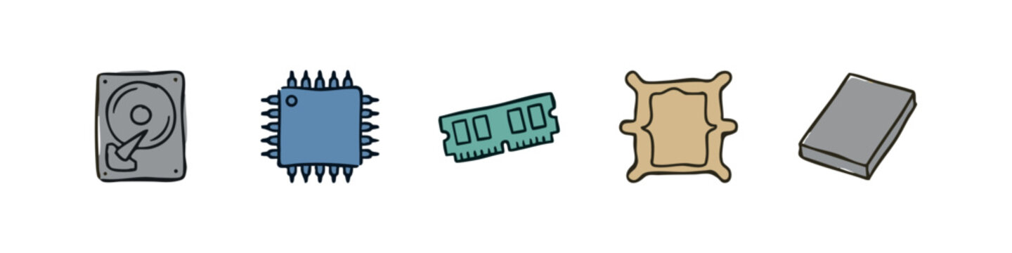 Five hand-drawn icons representing computer hardware: hard drive, CPU, RAM, bracket, and case.