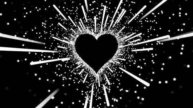 Fast moving light white lines magic heart shape made of particles and bright rays flying in a tunnel on black screen background. valentine's day, mother's day, love and marriage concept. 4k