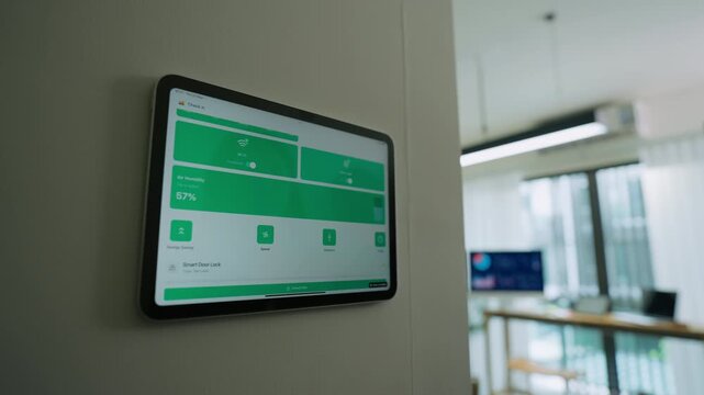 Modern woman adjusts smart lighting in her connected home office using a digital tablet, blending smart home tech, productivity, and comfort in a flexible, energy-efficient remote work environment