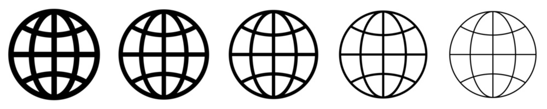 Set of linear globe icons with meridians and parallels with different stroke weights. Minimalist symbols of planet Earth, worldwide web, globalization, and international relations. Vector illustration