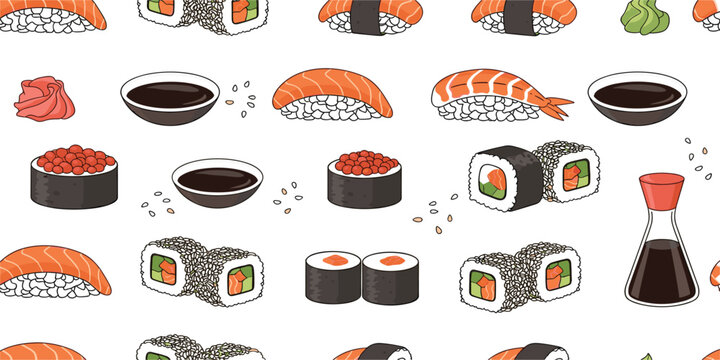 Sushi Seamless Pattern with Salmon Nigiri Rolls Soy Sauce and Japanese Food Elements Repeating Background Design for Textile Packaging and Wallpaper