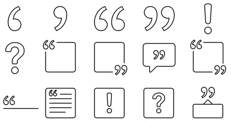 Obraz premium Large set of linear icons for text formatting: quotation marks, question and exclamation marks, text blocks, and quote frames. Minimalist interface and design elements. Vector illustration.