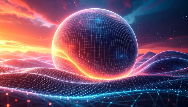 Glowing sphere hovers above a wavy grid landscape, lit by a colorful sunset sky