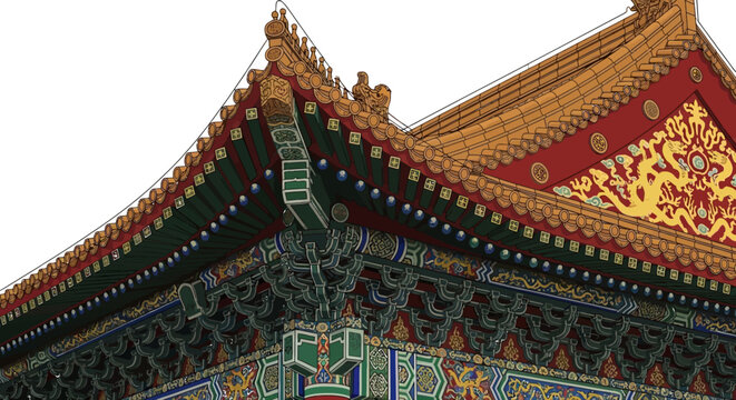Intricate details of a traditional Chinese temple roof with vibrant colors and ornate decorations.