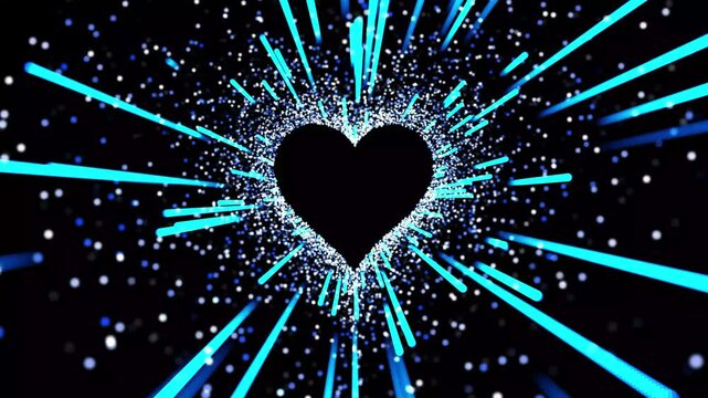 Colorful animation of glowing love. fast moving light pink lines. valentine day, mother day, love and marriage concept, hearts made of particles and lines. glitter tunnel on black screen background 4k