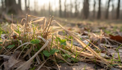 Fototapeta premium Close up of tall dry grass and green shoots in a forest floor representing natural tick habitats at the start of spring season for a healthcare awareness and safety concept
