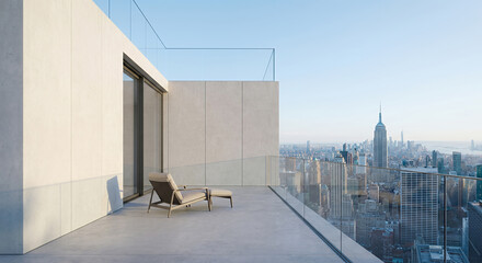 Obraz premium A modern balcony with a lounge chair and ottoman overlooks the New York City skyline, featuring the Empire State Building and other skyscrapers under a clear blue sky.