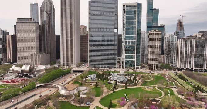  Aerial View of Maggie Daley Park in Downtown Chicago Illinois with Skyline and Green Space on a Beautiful Day