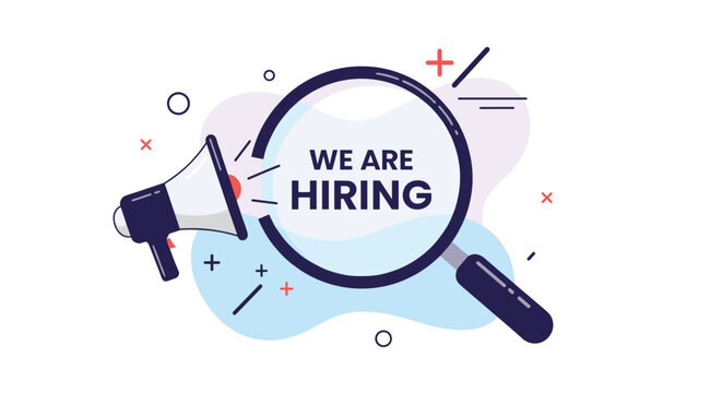 Recruitment advertisement features a megaphone and a magnifying glass over the text we are hiring on a stylish abstract background.