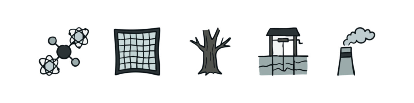 Set of 5 icons: molecules, grid, dead tree, well, smokestack