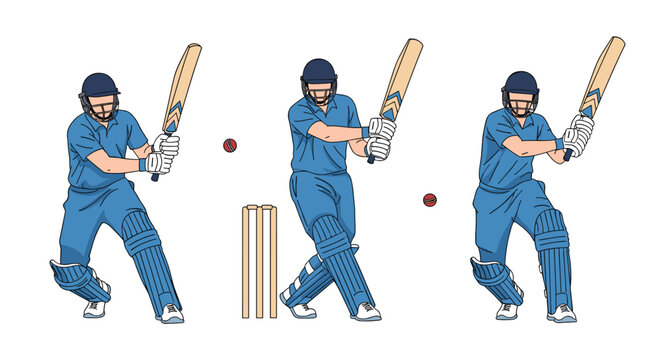 Cricket batsman demonstrates a powerful batting stroke in a sequential motion study featuring white wickets and a red ball.