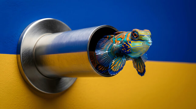Colorful mandarin dragonet fish emerging from a metal pipe on blue and yellow background