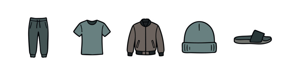 Naklejka premium Casual clothing icons: sweatpants, t-shirt, bomber jacket, beanie, slide