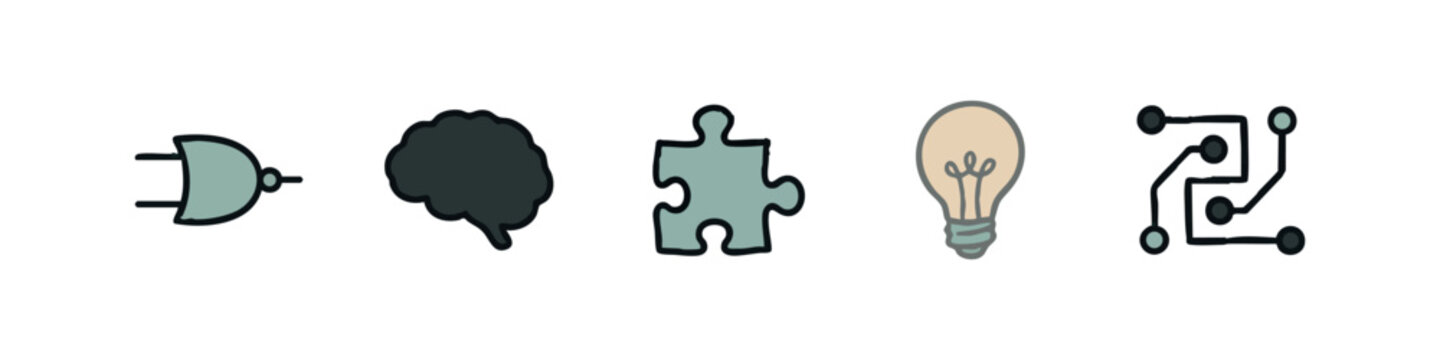 Conceptual icons: logic gate, brain, puzzle piece, lightbulb, circuit
