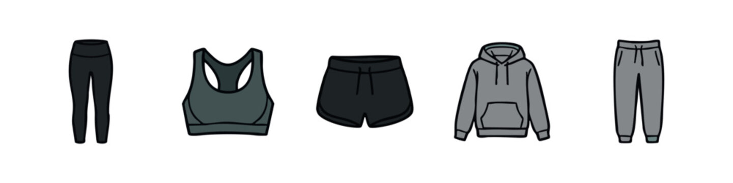 Athleisure wear icons: leggings, sports bra, shorts, hoodie, sweatpants